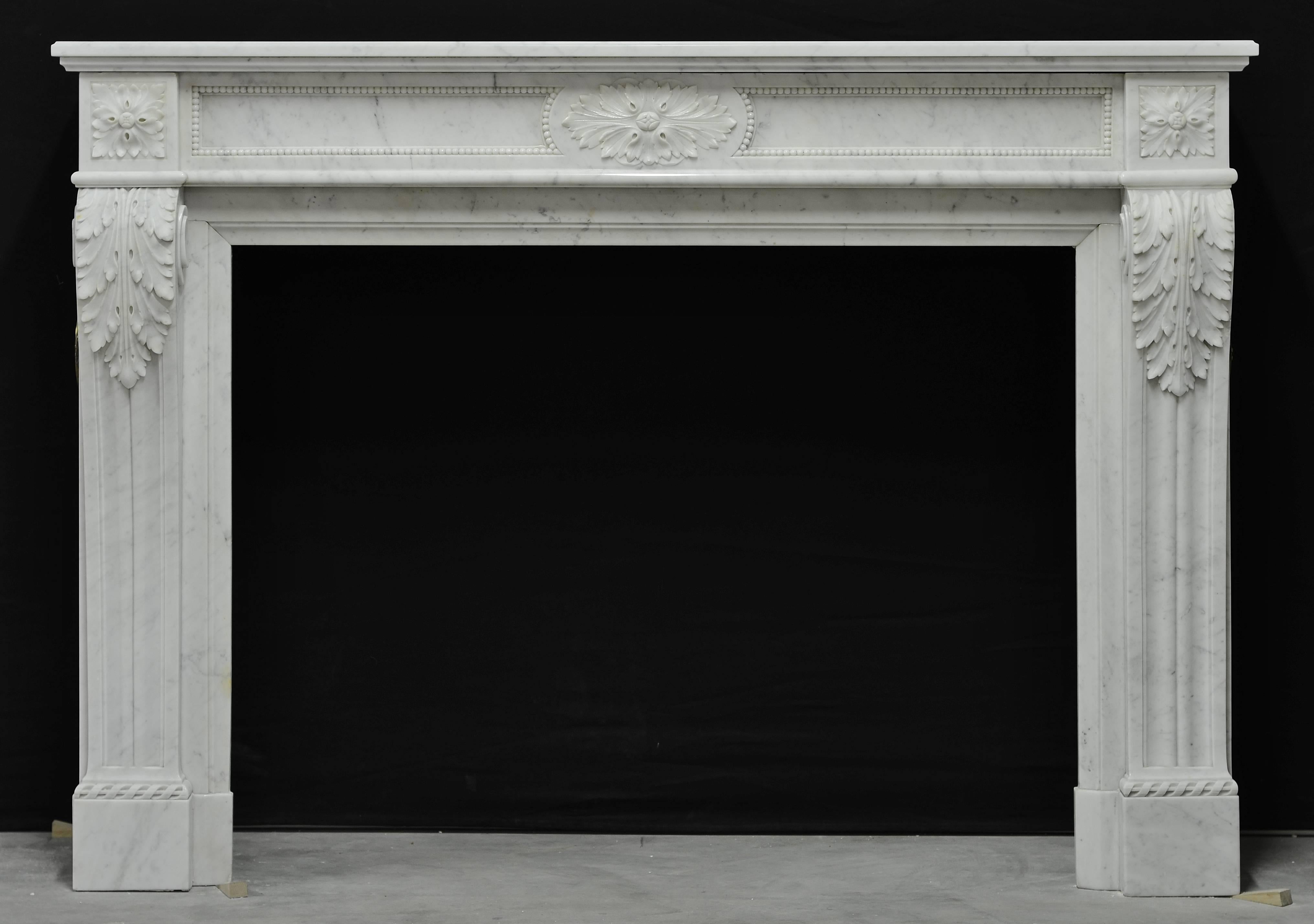 Beautiful detailed 19th century French Louis XVI fireplace mantel.
Executed in white Carrara marble from Italy.

Sold by Willem Schermerhorn Antique Fireplaces

Opening measurements: 33.0 x 342.9 inch or 84 x 109 cm (height x width).
Comes with