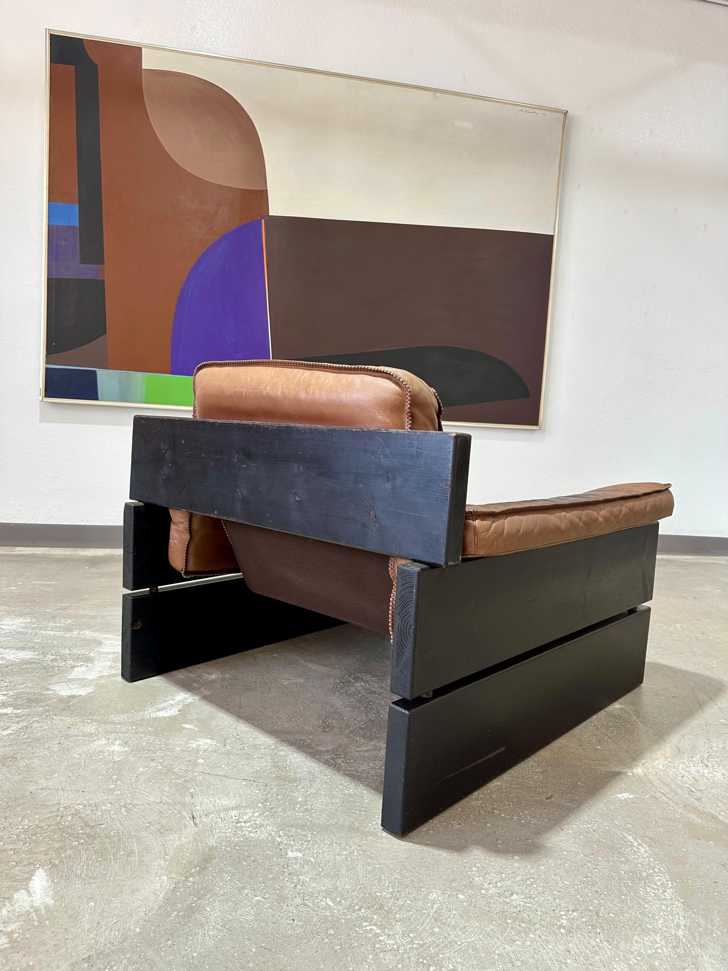 Ebonized Mid Century Brutalist Danish Pine and Leather Lounge Chair For Sale