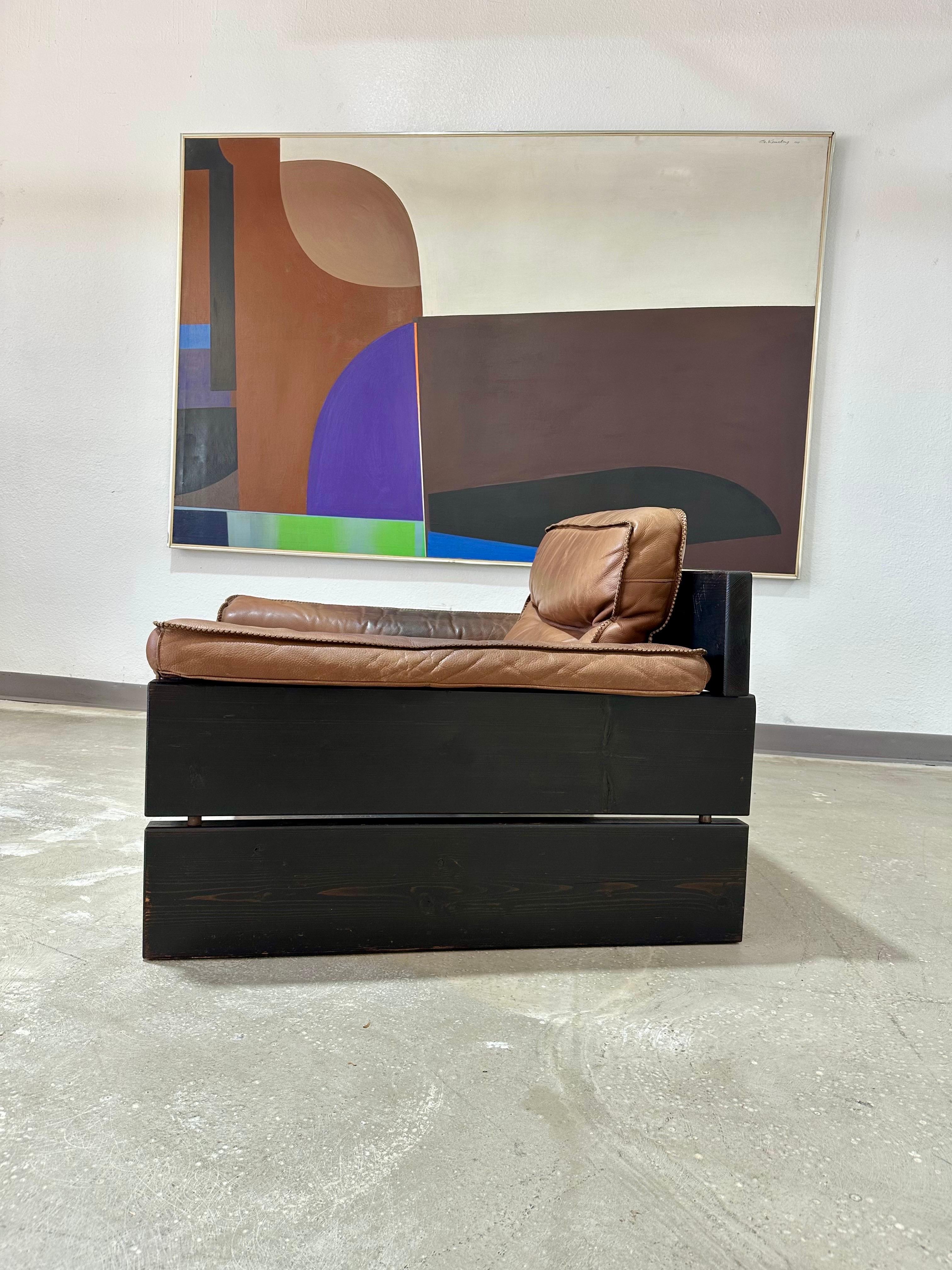 Mid Century Brutalist Danish Pine and Leather Lounge Chair In Good Condition For Sale In Lutz, FL