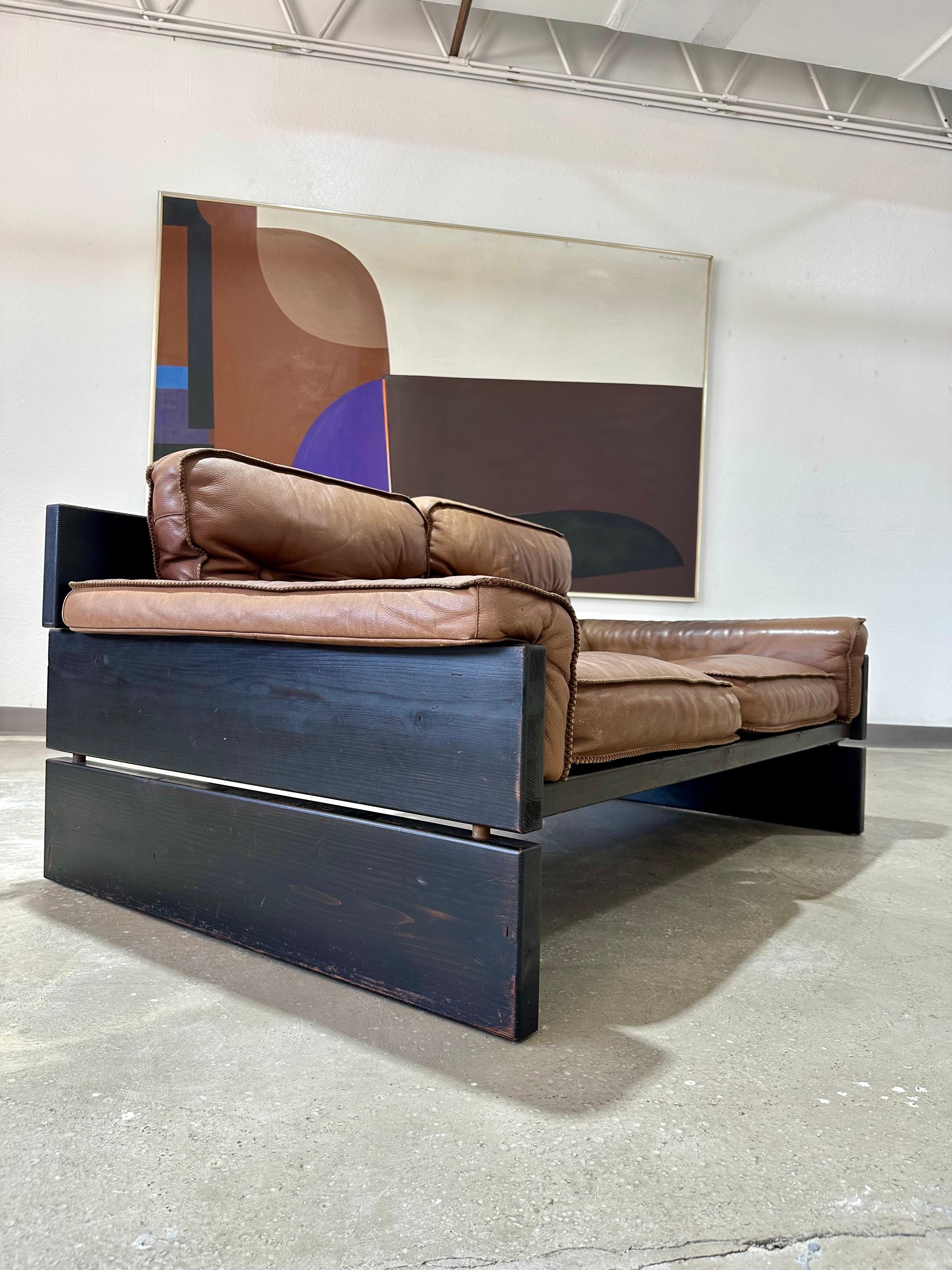 Mid Century Brutalist Danish Pine and Leather Loveseat In Good Condition For Sale In Lutz, FL