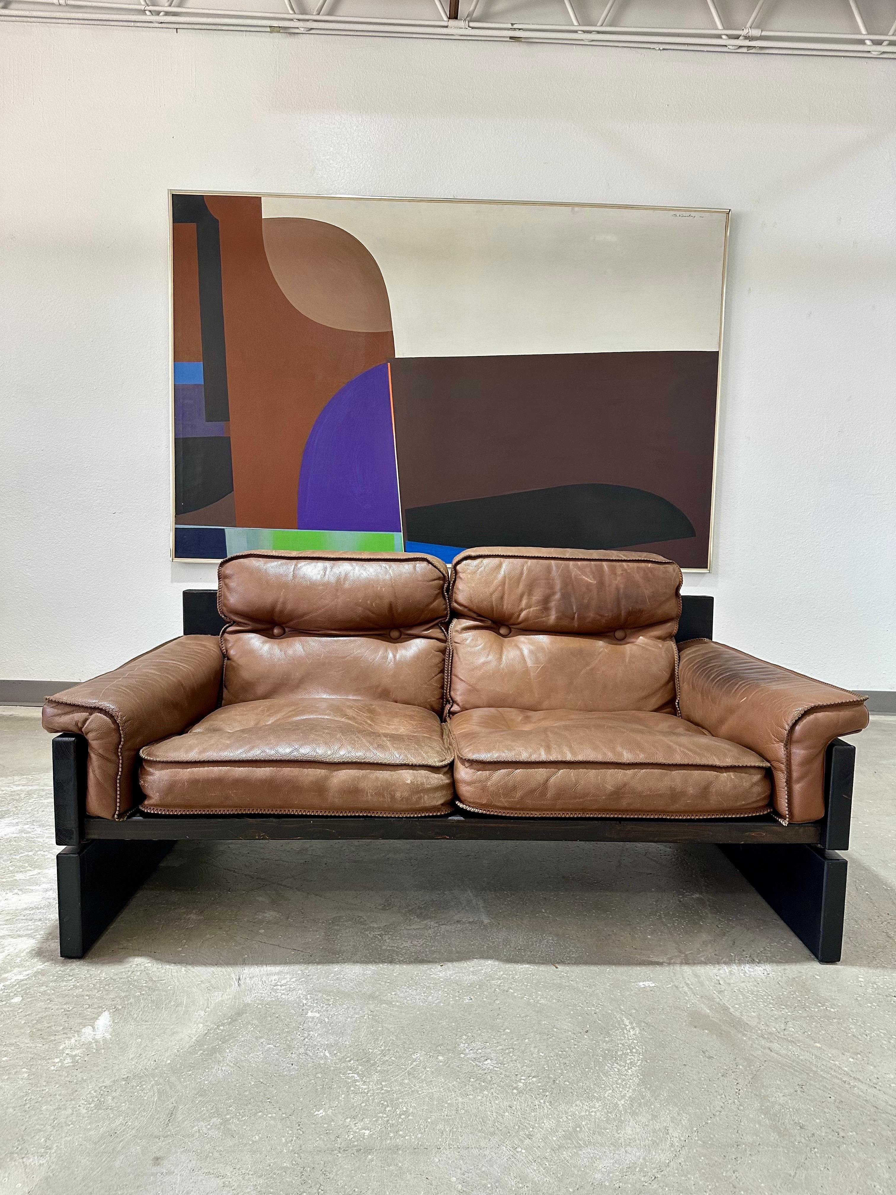 Mid Century Brutalist Danish Pine and Leather Loveseat For Sale 1