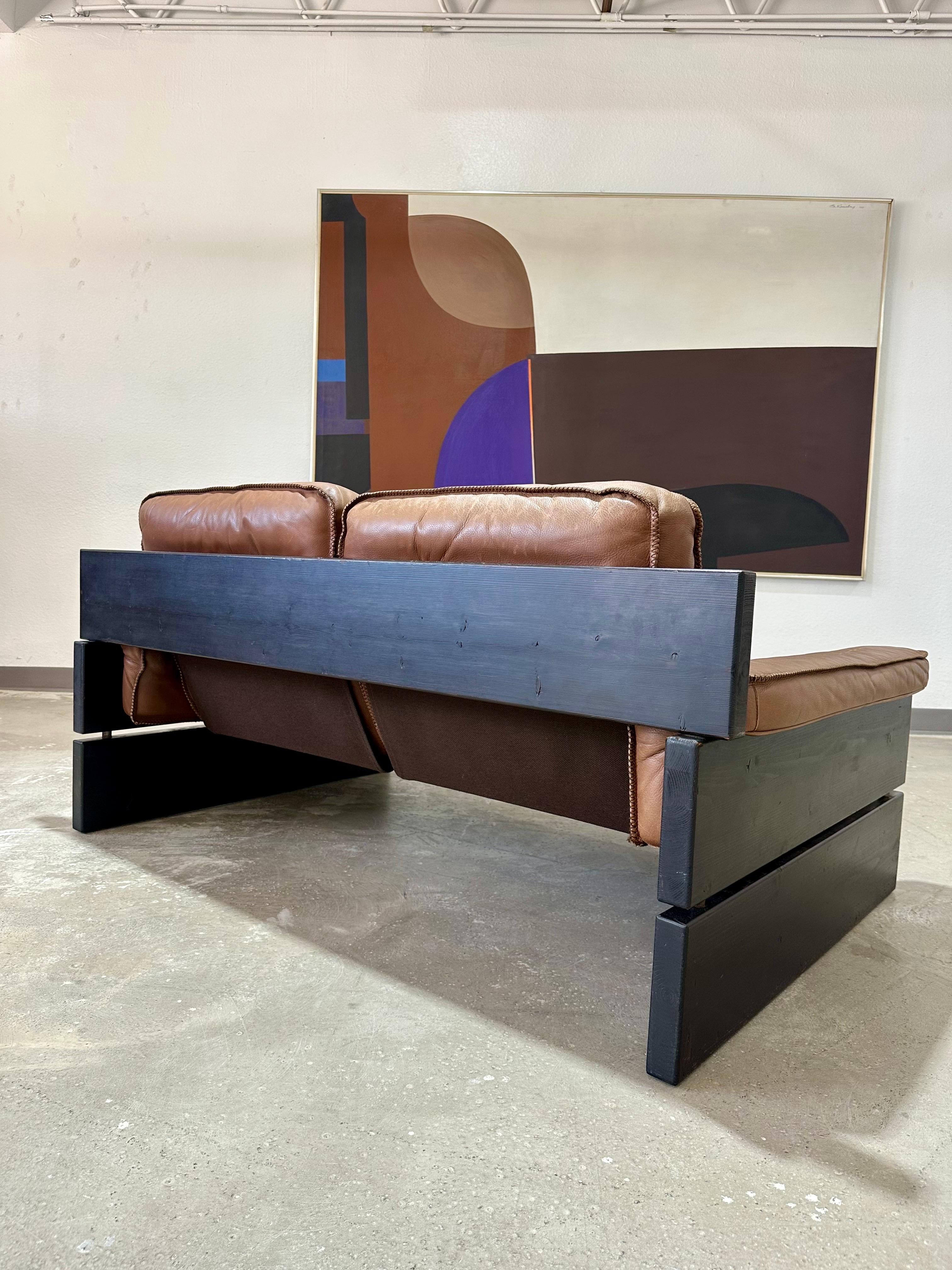 Mid Century Brutalist Danish Pine and Leather Loveseat For Sale 2