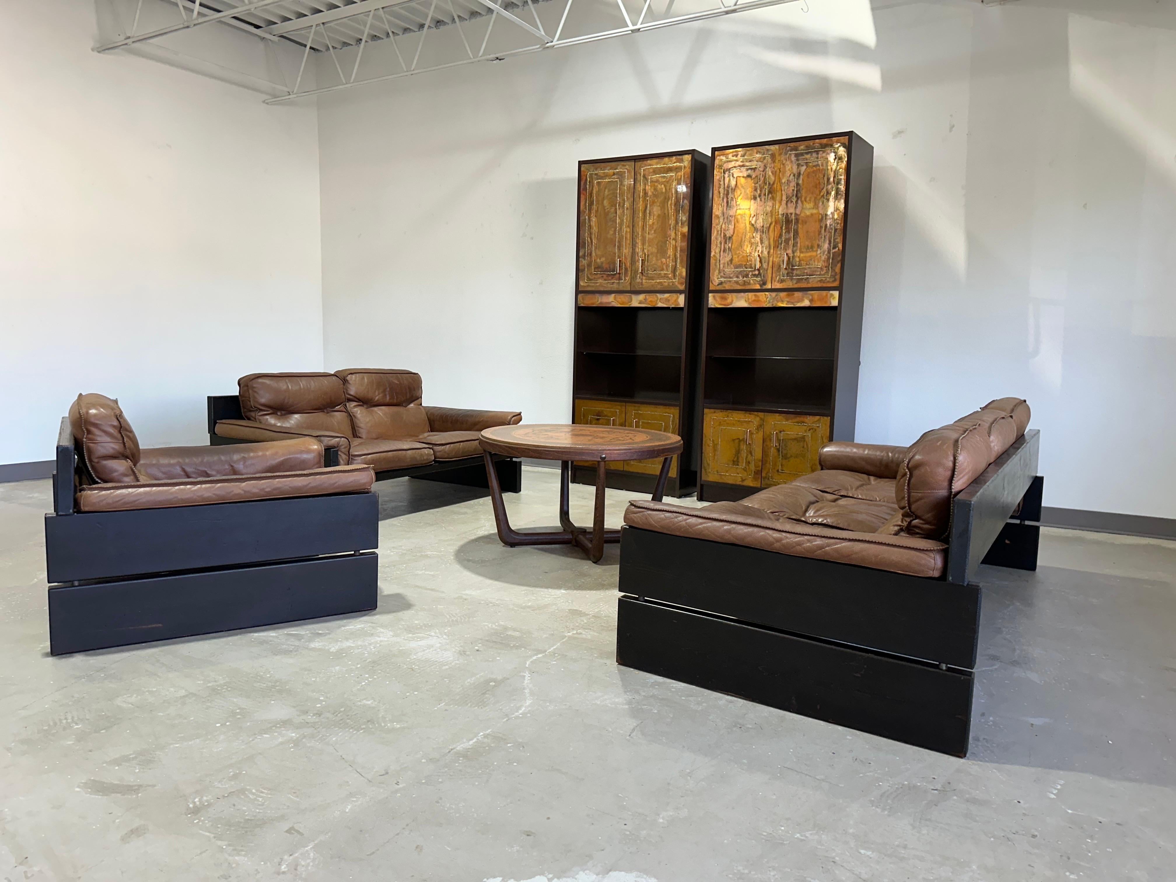 Ebonized Mid Century Brutalist Danish Pine and Leather Loveseat For Sale
