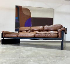 Mid Century Brutalist Danish Pine and Leather Sling Sofa
