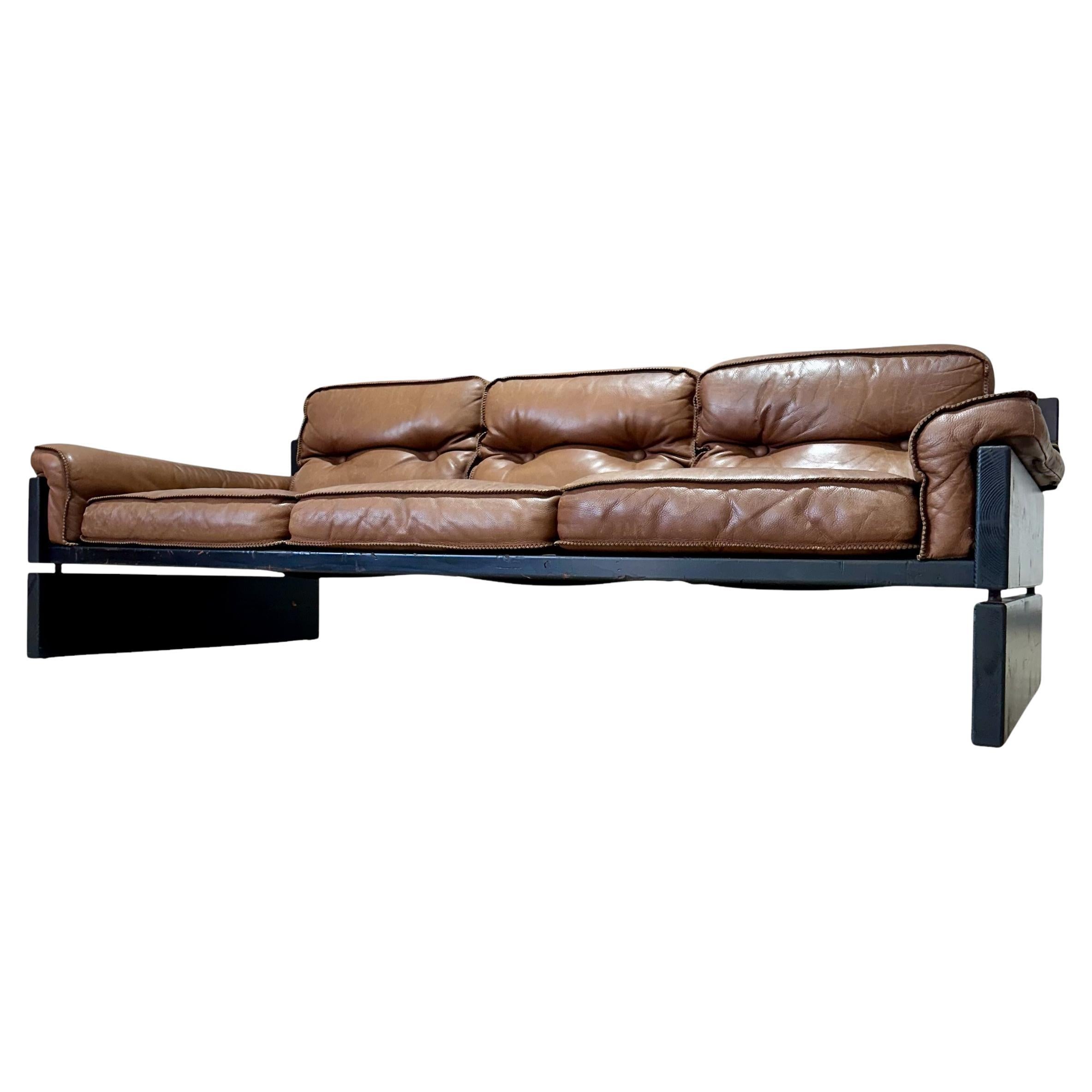 Mid Century Brutalist Danish Pine and Leather Sling Sofa