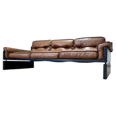 Sofa danois brutaliste du milieu du siècle dernier en pin et cuir