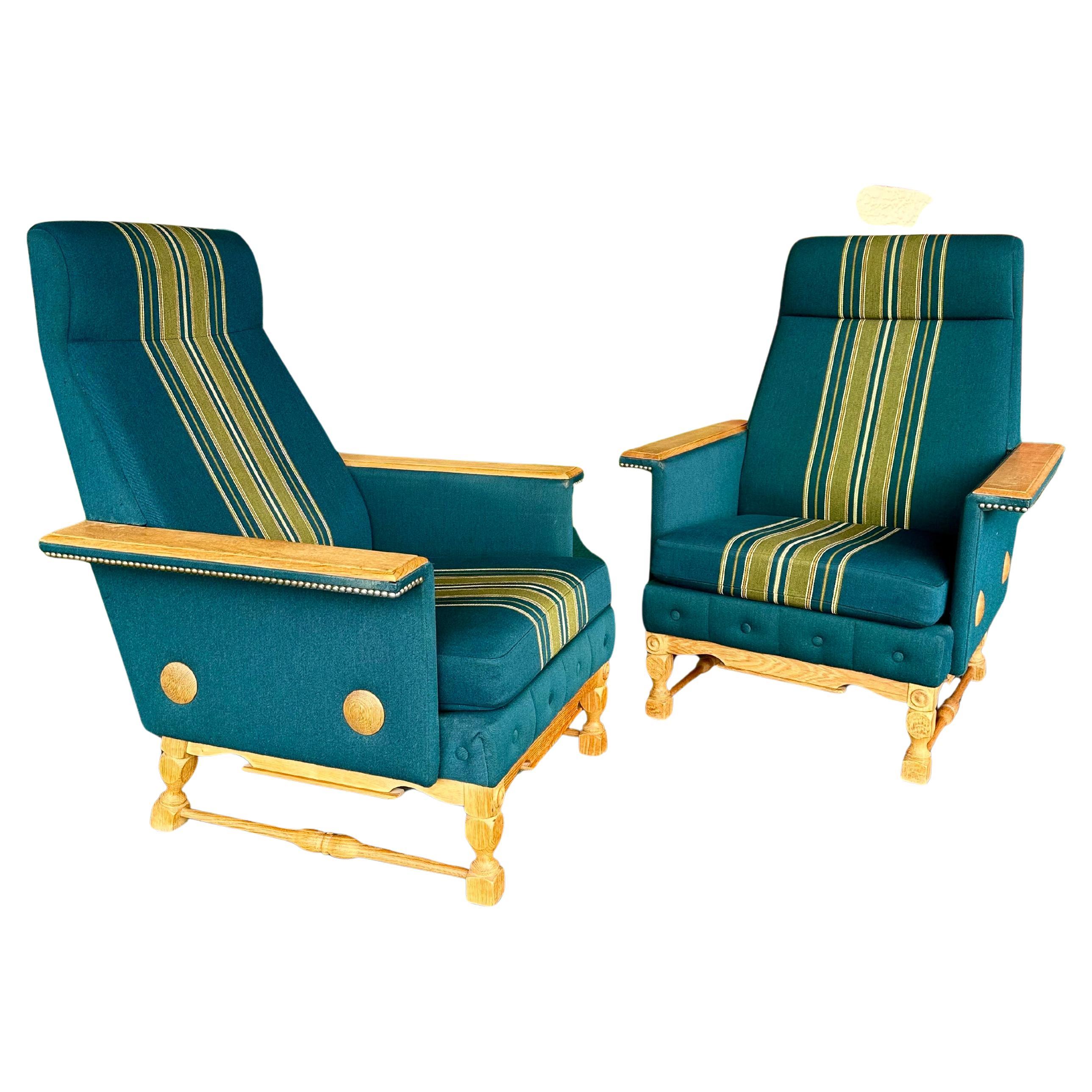 Pair of Danish Oak and Wool Henning Kjaernulf Style Brutalist Lounge Chairs