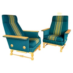 Pair of Danish Oak and Wool Henning Kjaernulf Style Brutalist Lounge Chairs