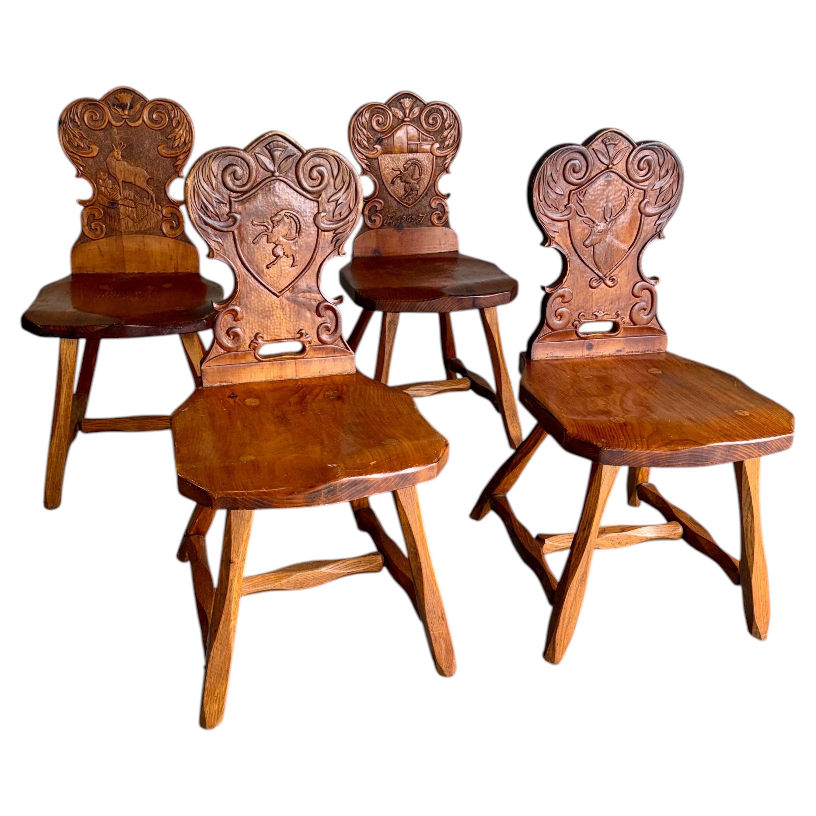 Vintage Brutalist Tyrolean Pine Dining Chairs, Set of 4