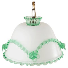 Antique Murano Glass Pendant Light Opaline and Jade Green, 1940s