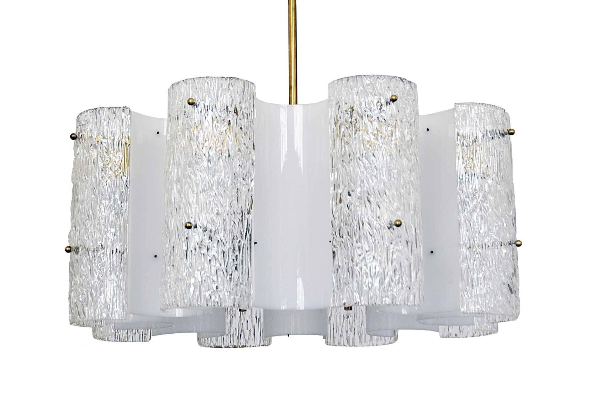 This chandelier was designed by J.T Kalmar in 1950s. The lampshade is made of molded glass and plexiglass. The lamp rod is made of brass.