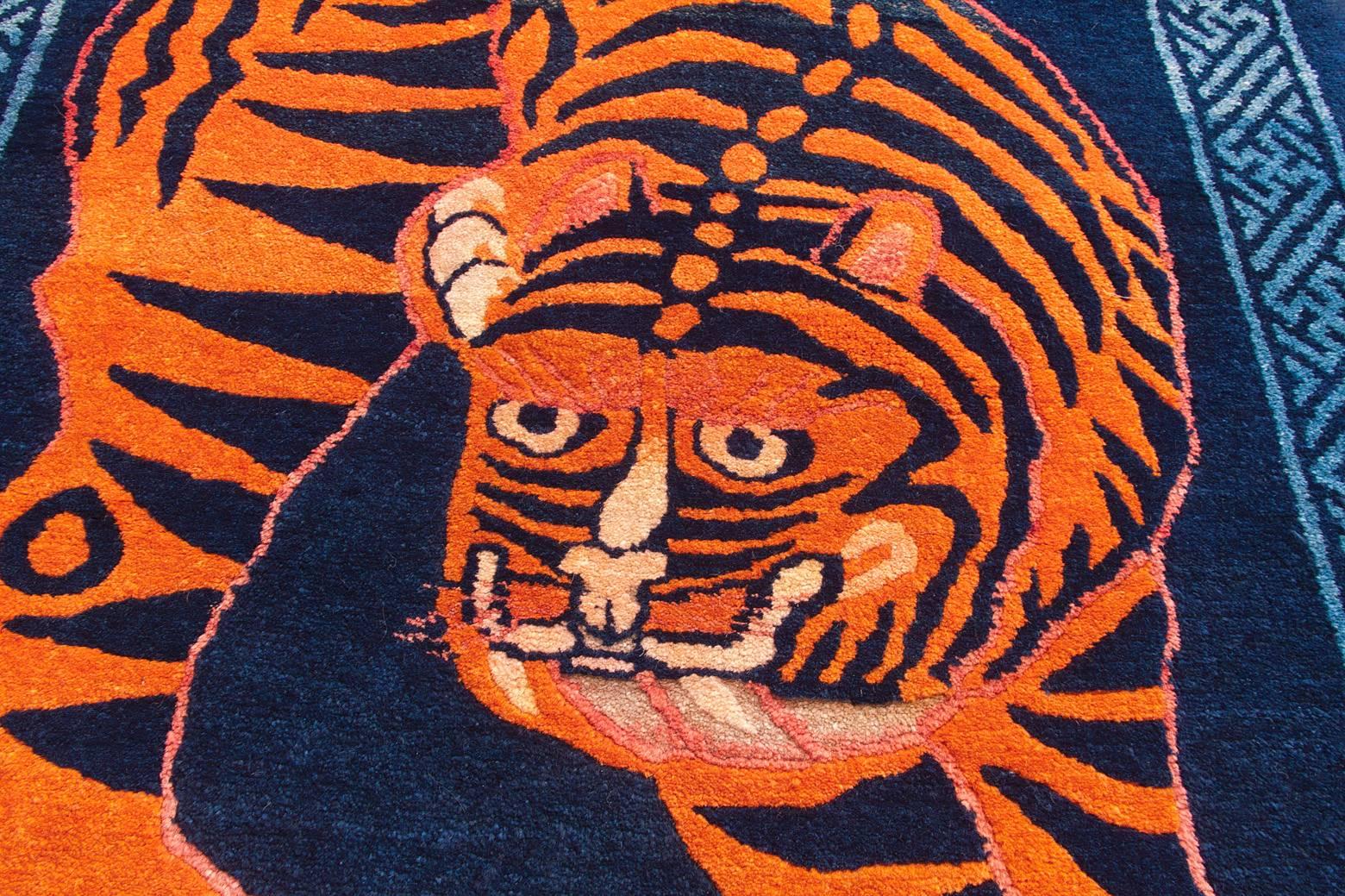 ***Autumn SALE***
Tibetan tiger rugs are generally associated with tantric rituals whilst Chinese tiger rugs celebrate the fierceness and courage of the tiger as the protector against demons and evil spirits. 

This powerful tiger is just turning