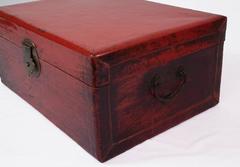 Chinese Red Lacquer Coffee Table Leather Trunk with Brass Hardware 19th Century