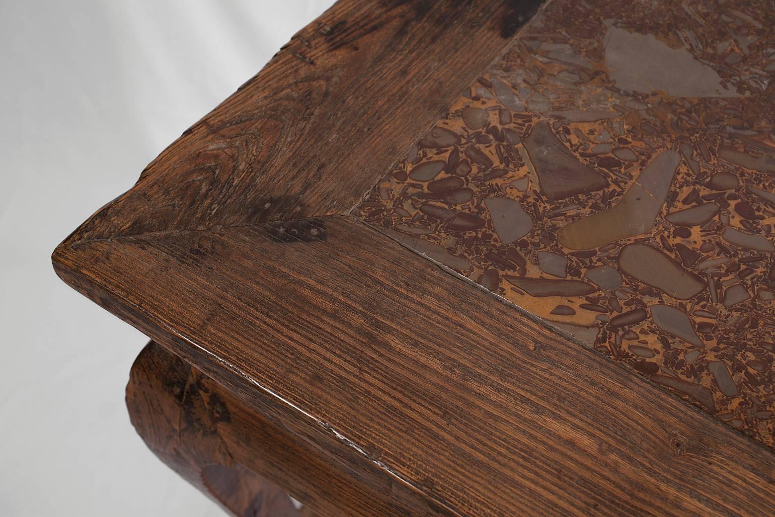 Stone Rare Chinese Ming Dynasty Table with Puddingstone Top, 16th-17th Century Elmwood For Sale