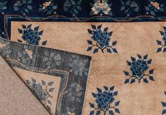 Chinese Art Deco Area Rug Bamboo Peony in Ivory and Indigo Blue