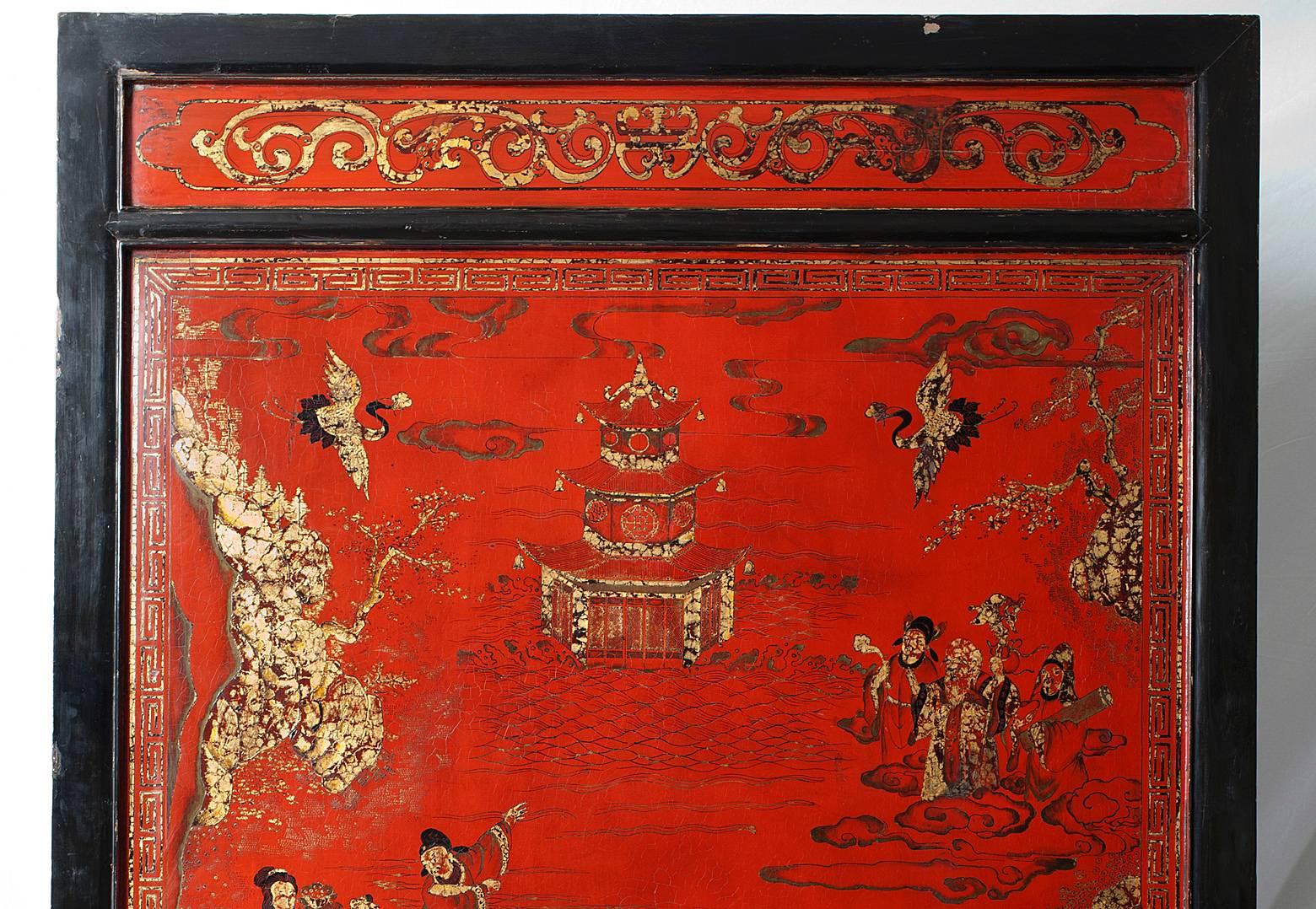 Lacquered Rare Large Chinese Screen, Room Divider, 19th Century, Qing Dynasty, Red Lacquer For Sale
