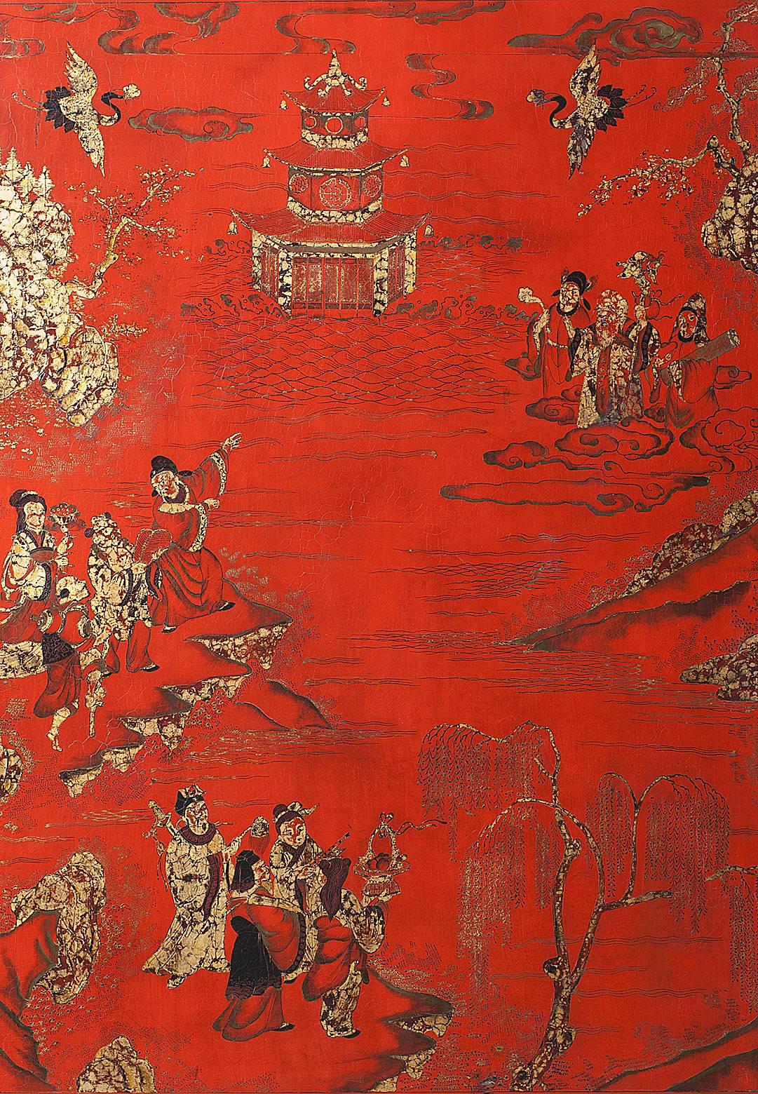 Wood Rare Large Chinese Screen, Room Divider, 19th Century, Qing Dynasty, Red Lacquer For Sale