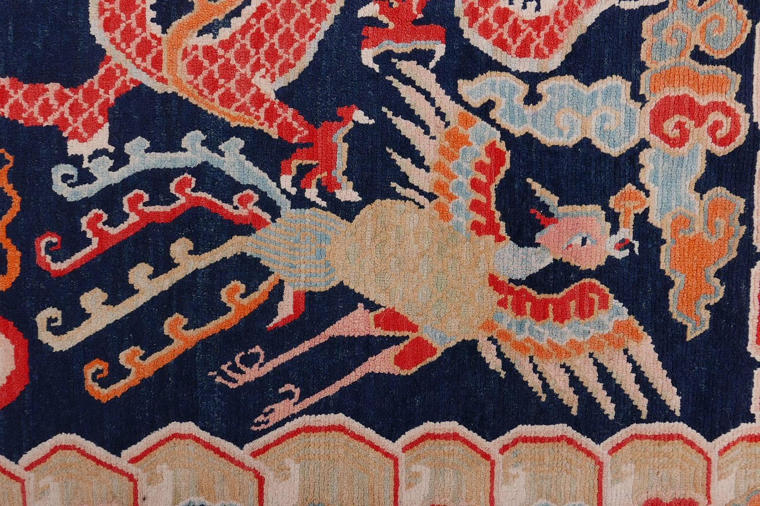 Qing Antique Tibetan Dragon Phoenix Khaden Throw Rug in Excellent Condition For Sale
