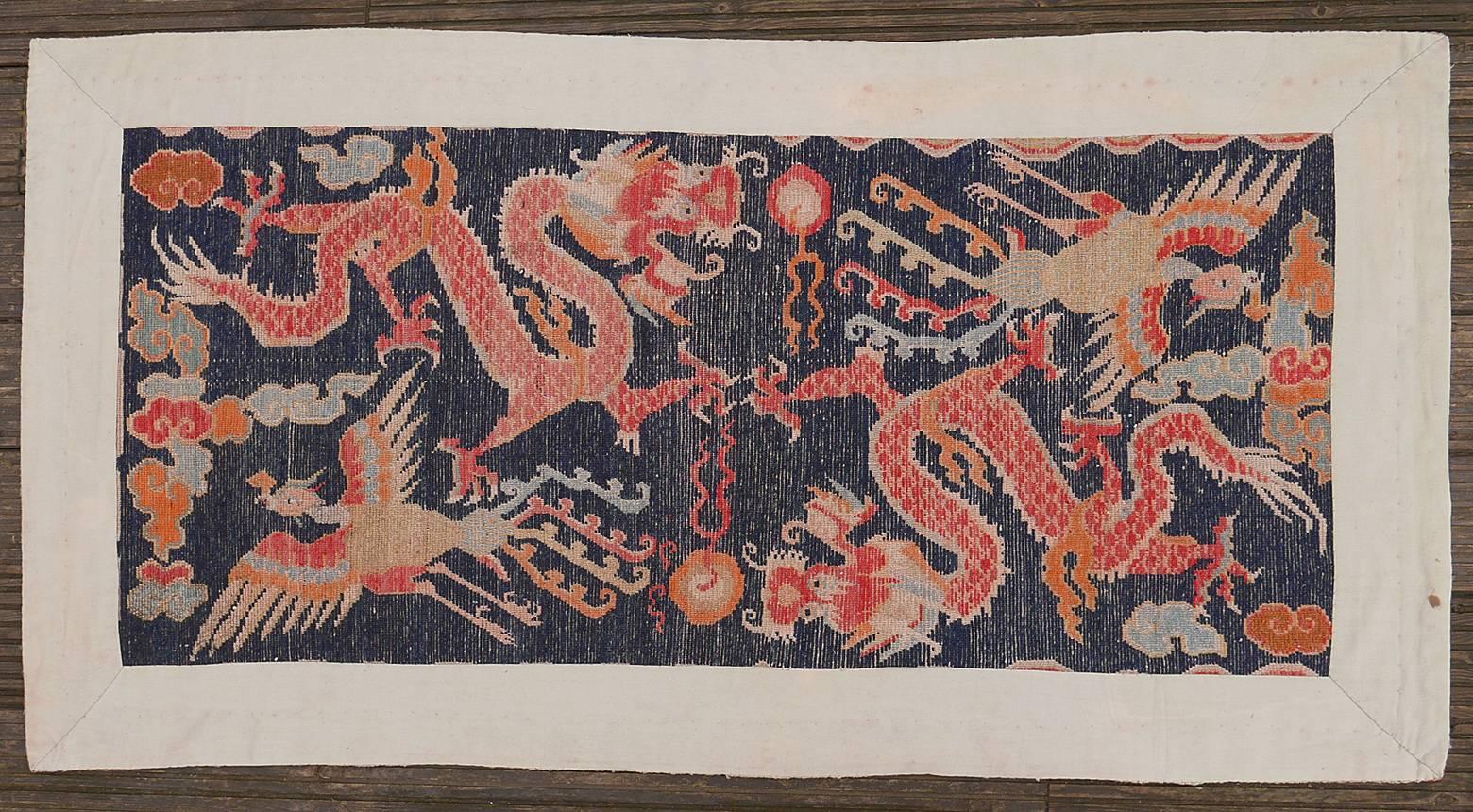 Antique Tibetan Dragon Phoenix Khaden Throw Rug in Excellent Condition In Excellent Condition For Sale In Seeshaupt, DE