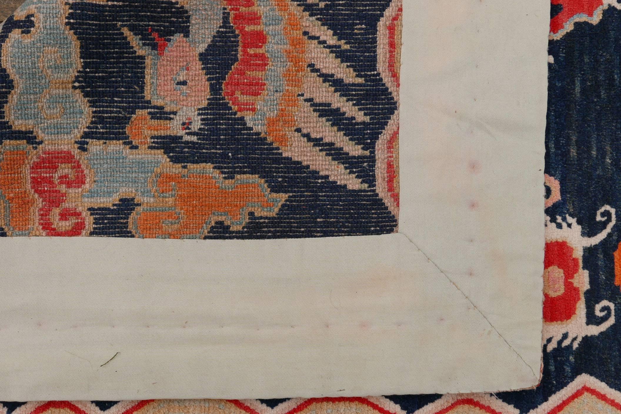 19th Century Antique Tibetan Dragon Phoenix Khaden Throw Rug in Excellent Condition For Sale