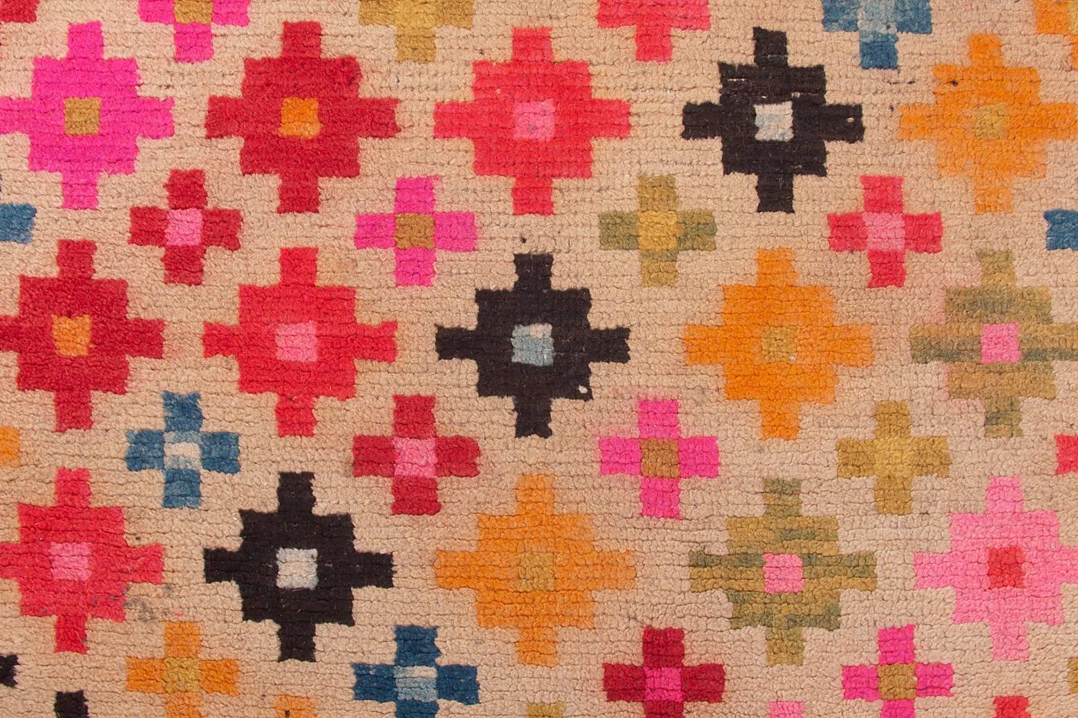 Asian Geometric Vintage Tibetan Scatter Rug Khaden with Diamond Flower Design For Sale