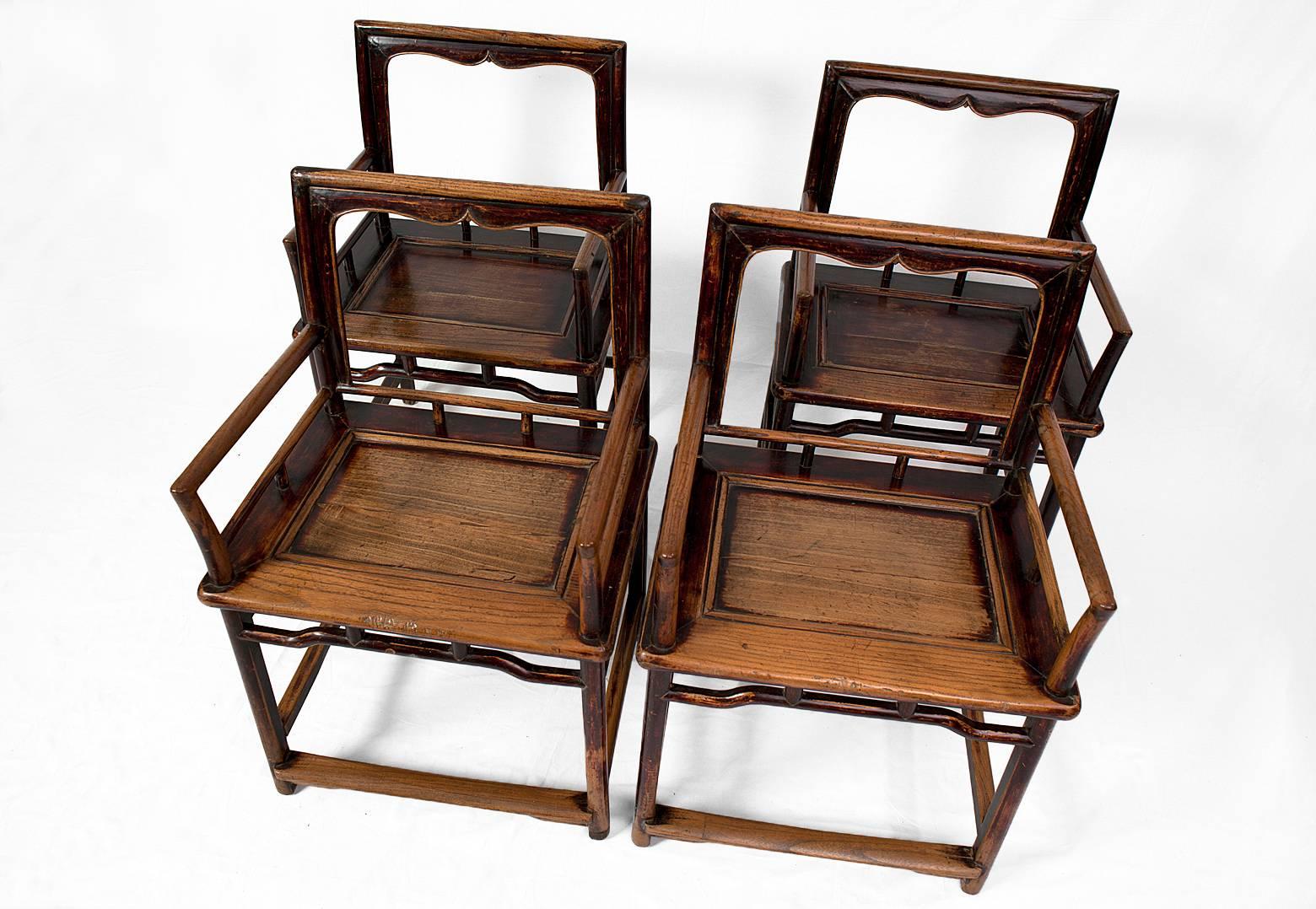Provenance: Formerly in the collection of Ma Weidu
This set of four 17th century Shanxi province chairs was made in the rose back style (meiguiyi). 
Rose chairs were one of the most popular types of chairs during the Ming and early Qing dynasties