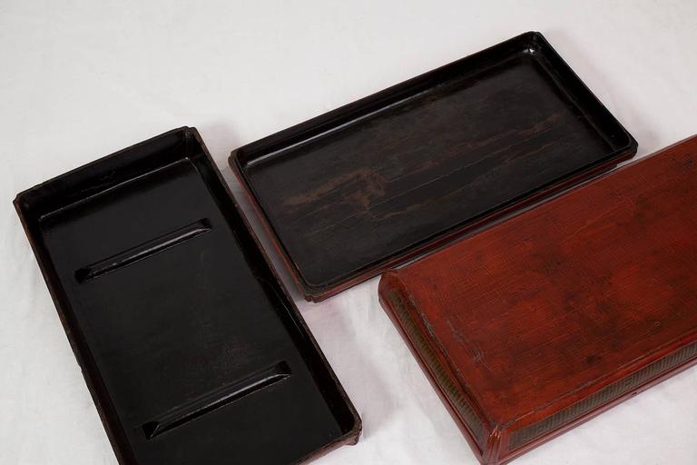 Qing Dynasty Pair of Red Lacquer Chinese Food Container Boxes For Sale at 1stDibs