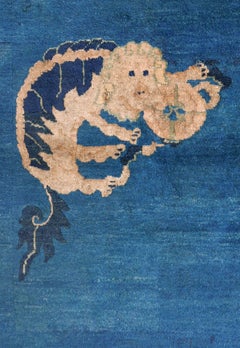 Antique Blue Beijing Throw Rug Temple Lion Fo Dog Chinese Mystical Animal Qing