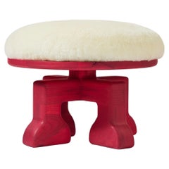 Handcrafted Ash Wood Stool with Shearling Seat, Raspberry Pink, USA