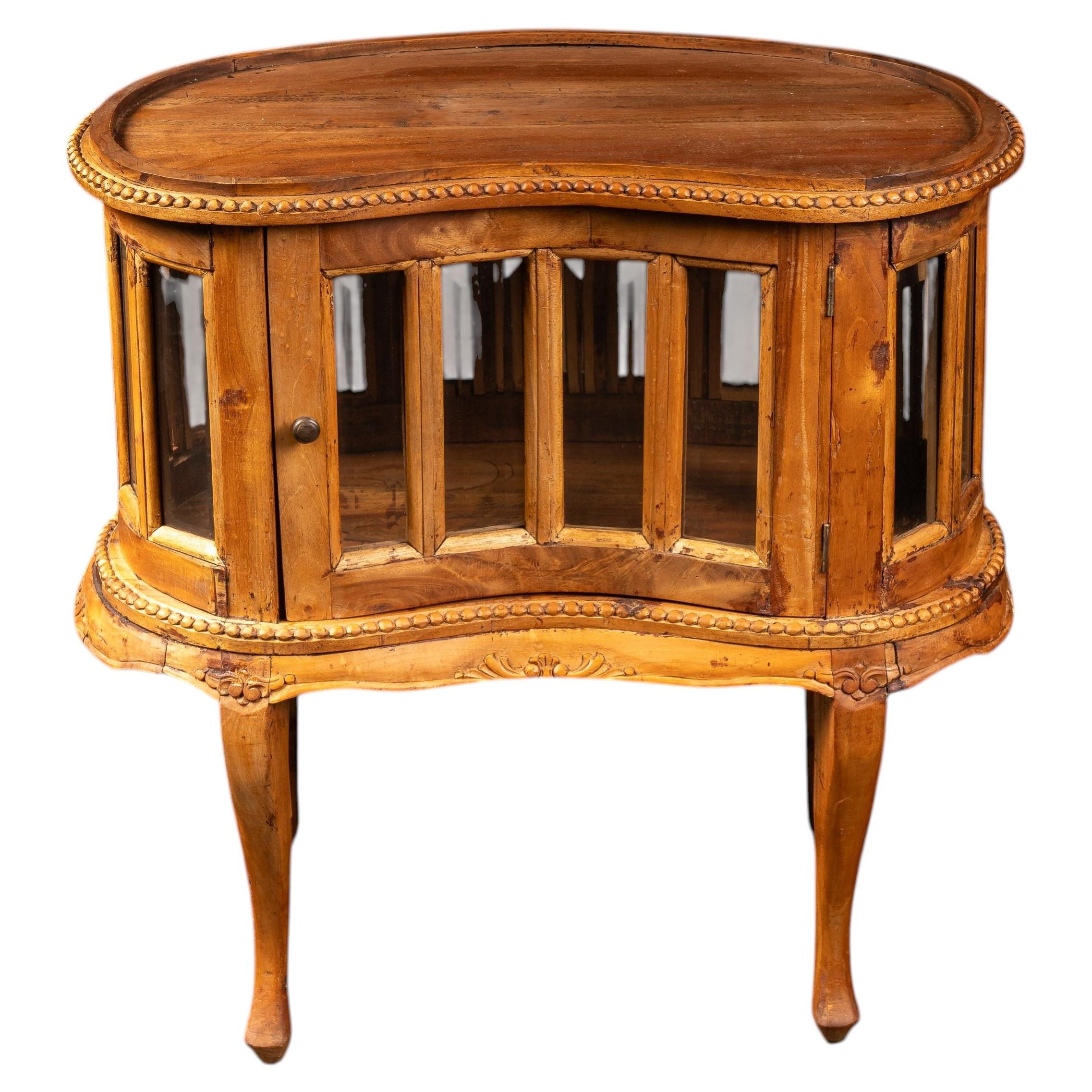 Antique Oak and Glass Serpentine Curio Display Cabinet For Sale