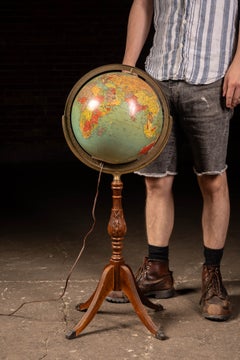 Vintage Lighted Library Globe on Oak Pedestal Stand by Replogle