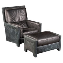 Ensemble contemporain de fauteuil et pouf en cuir italien de Roche Bobois, couleur noire