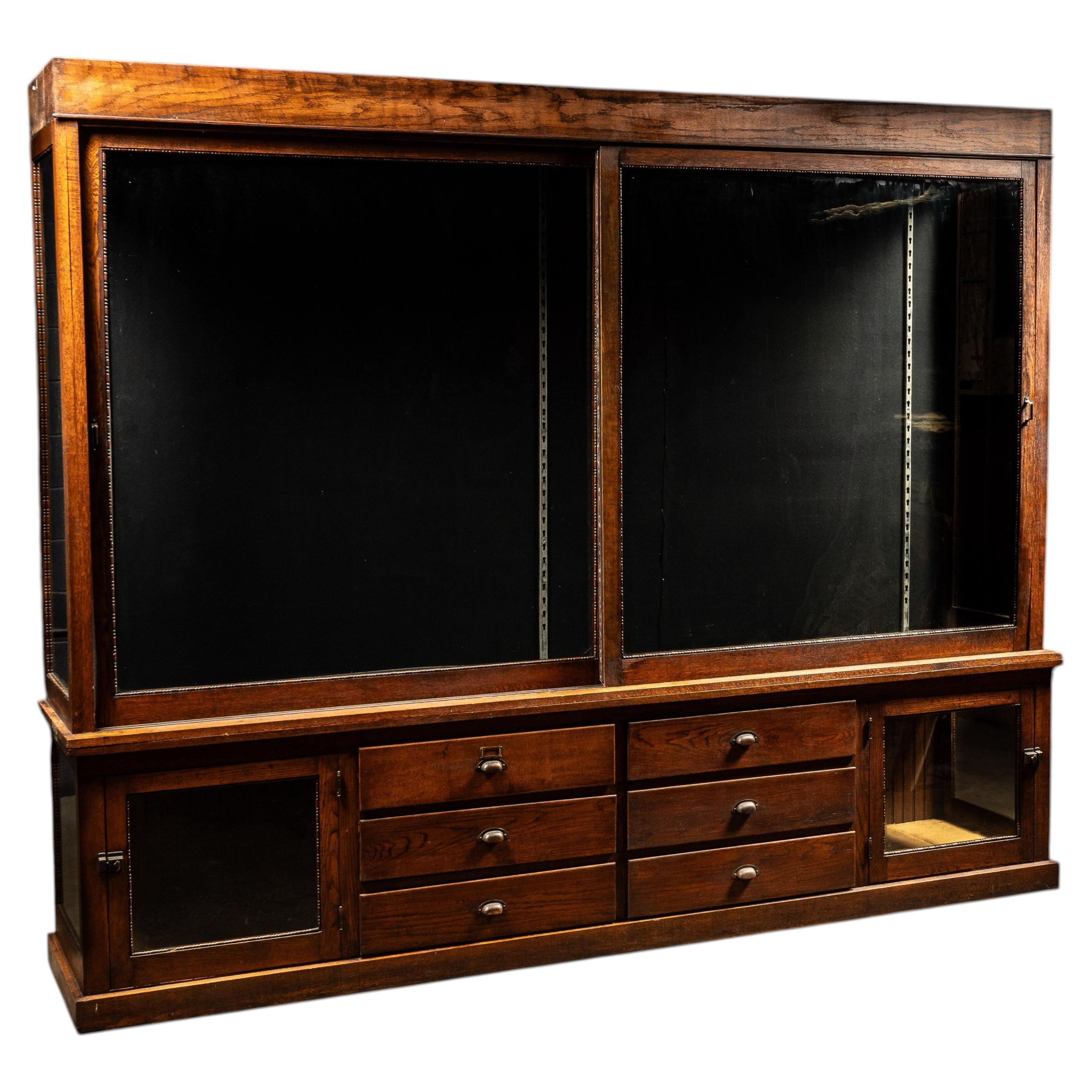 Antique Oak Mercantile Cabinet with Japanned Copper Hardware For Sale