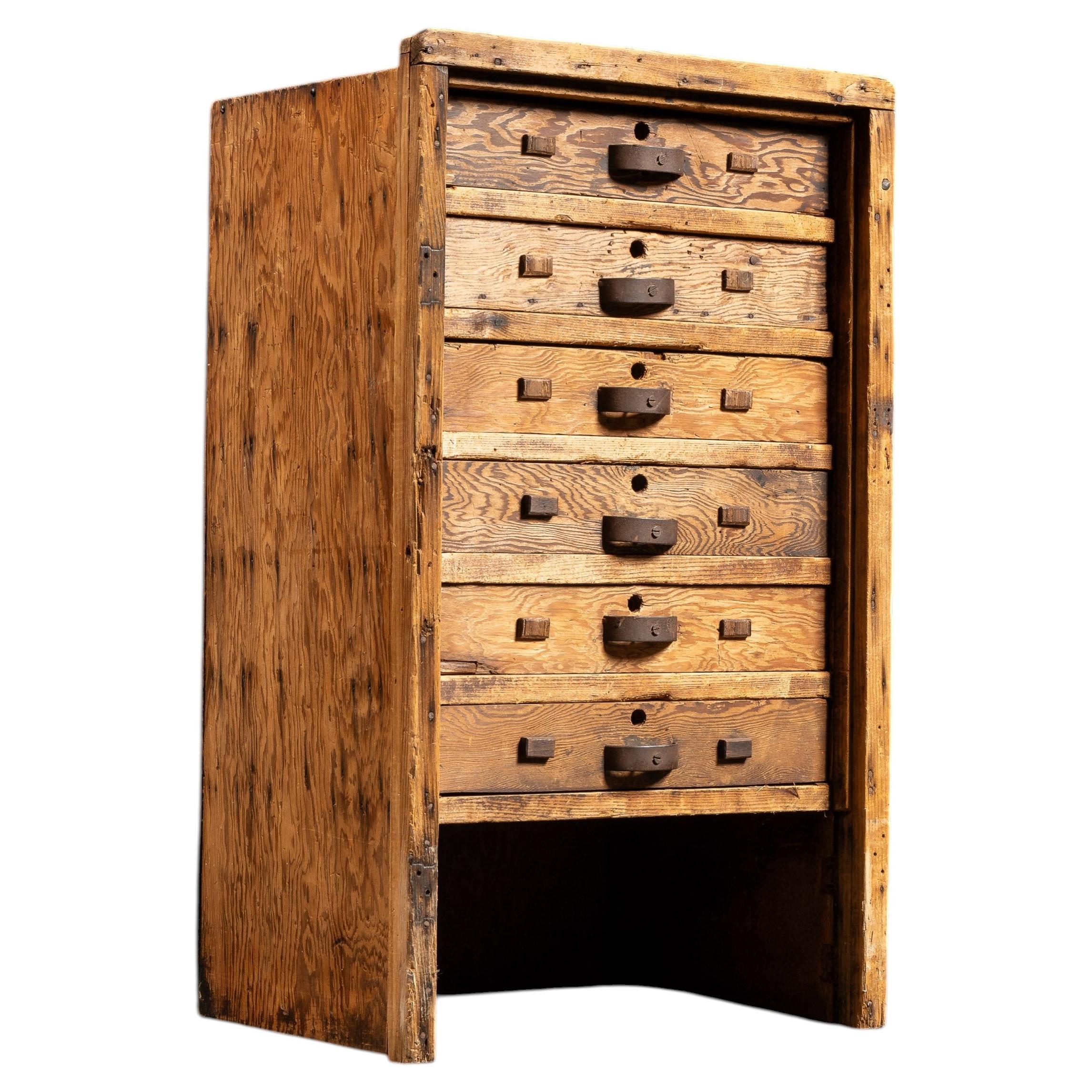Primitive Six-Drawer Rustic Wooden Workshop Cabinet For Sale