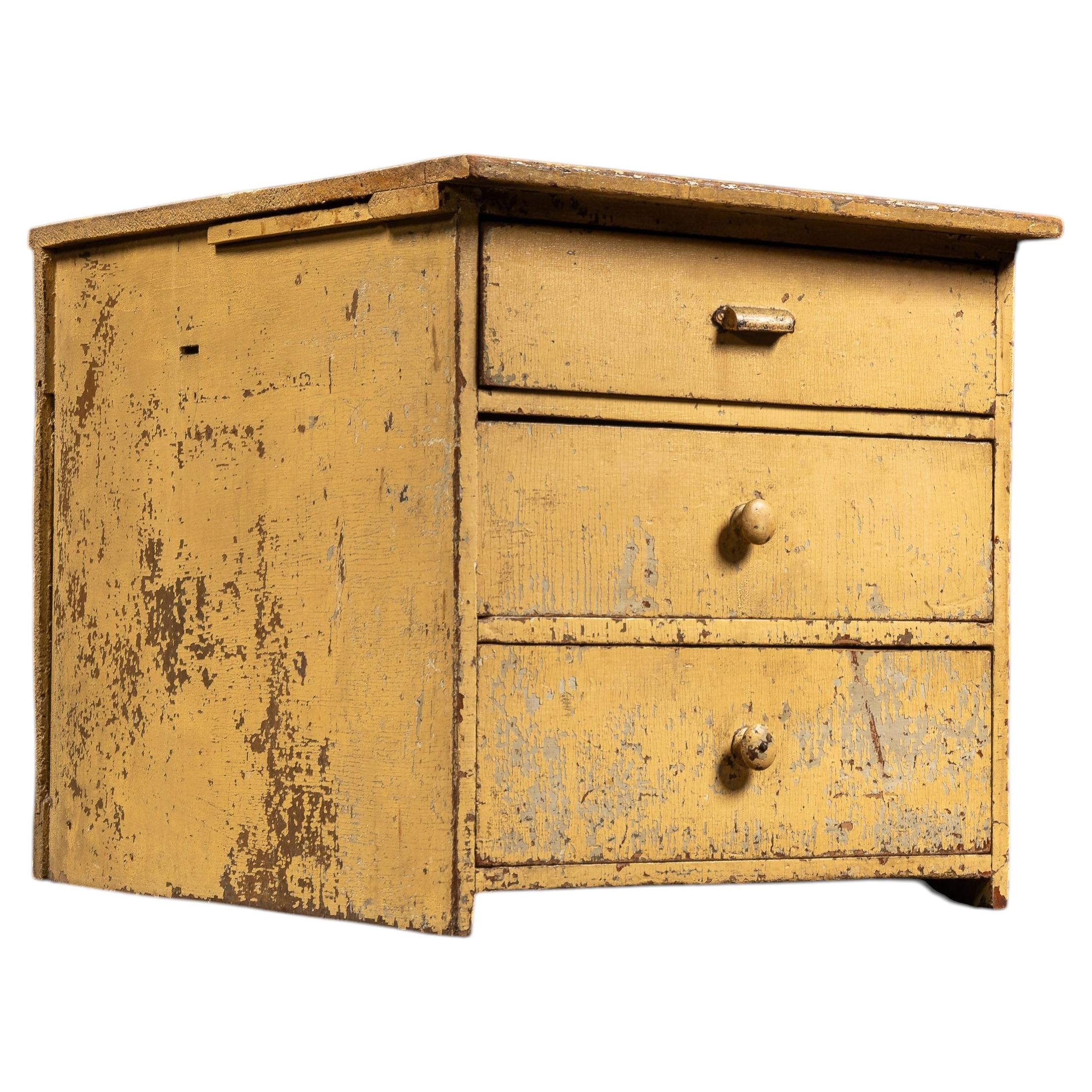 Antique Chippy Painted Industrial Three-Drawer Utility Cabinet For Sale