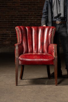 Vintage Leather Channel-Back Armchair with Nailhead Trim in Red