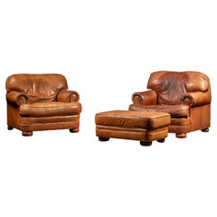 Pair of Vintage Leather Club Chairs with Matching Ottoman by Emerson