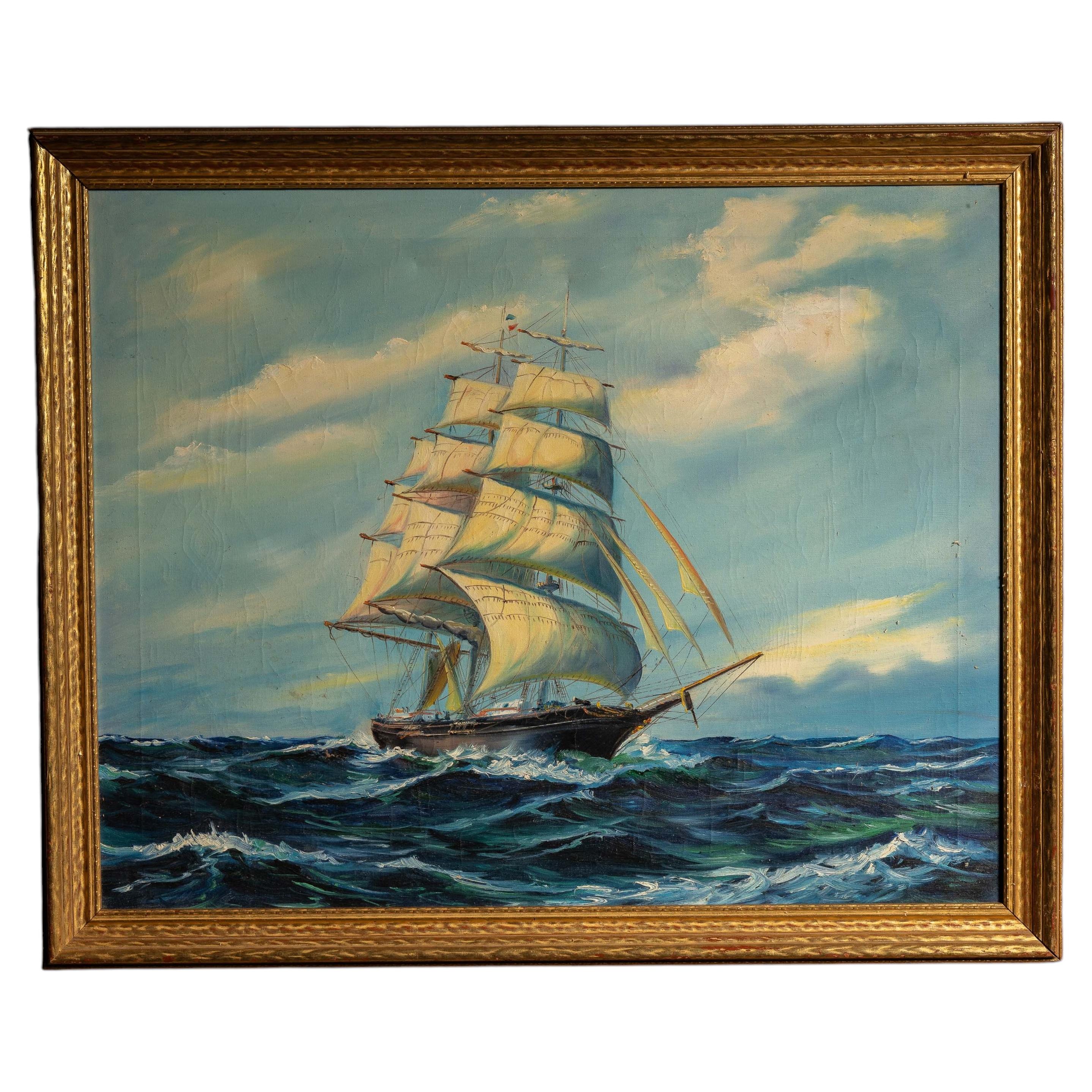 Painting Of Ship At Sea, Daytime - Oil On Canvas, Framed