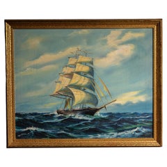 Painting Of Ship At Sea, Daytime - Oil On Canvas, Framed
