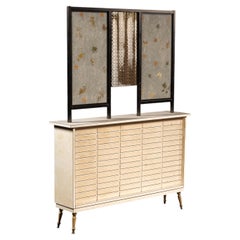 Armadietto con paravento decorativo in stile giapponese della metà del secolo