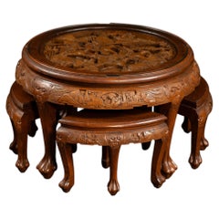 Vintage Carved Chinese Nesting Tea Table with Four Stools
