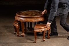 Vintage Carved Chinese Nesting Tea Table with Four Stools