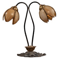 Art Nouveau Double Tulip Slag Glass Table Lamp