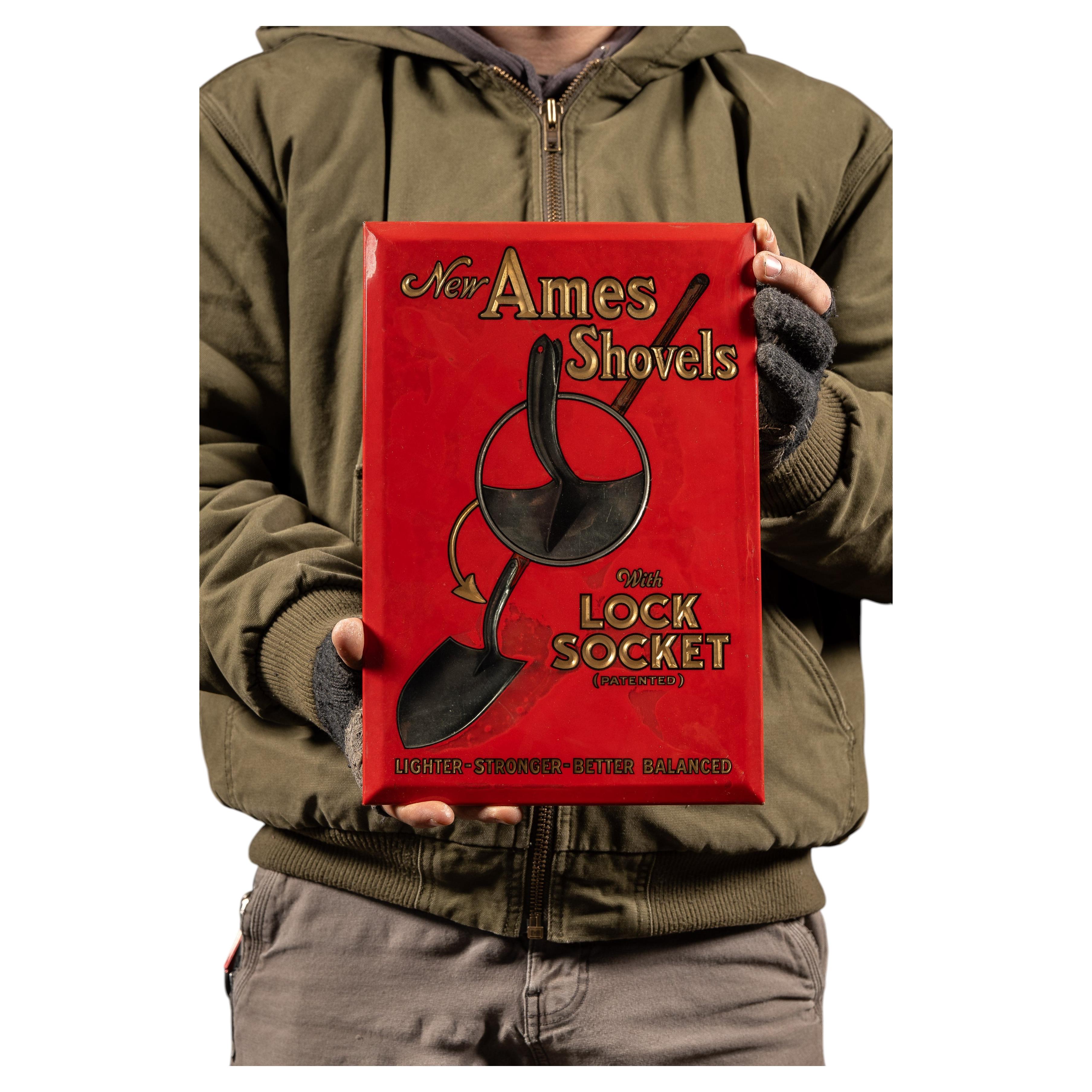 Antique Ames “Lock Socket” Shovels TOC Advertising Sign For Sale