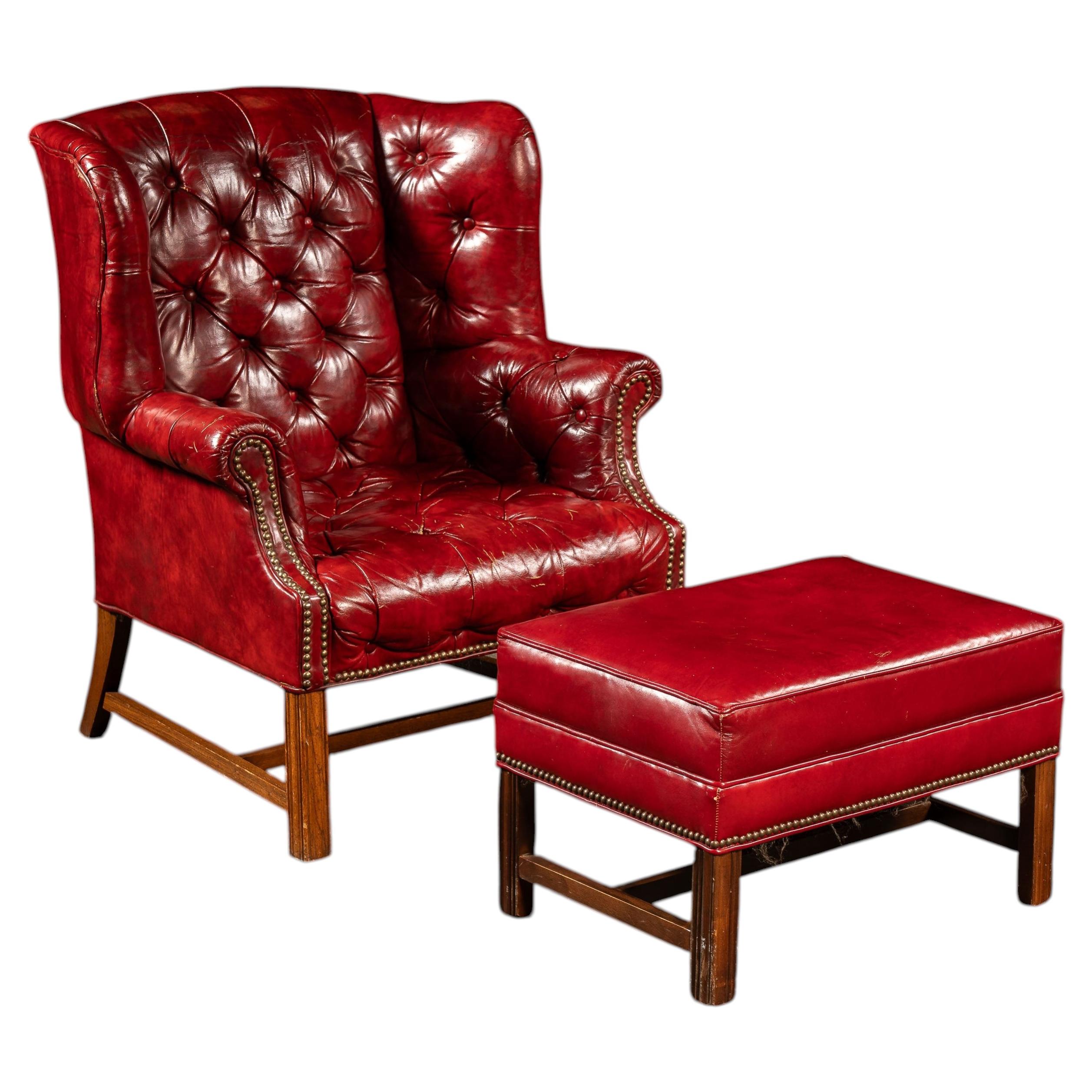 Vintage Leather Chesterfield Wingback Chair with Ottoman in Red by Ethan Allen