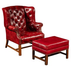 Vintage Leather Chesterfield Wingback Chair with Ottoman in Red by Ethan Allen
