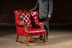 Vintage Leather Chesterfield Wingback Chair with Ottoman in Red by Ethan Allen