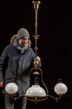 c. 1890 Brass Triple-Arm Early Gas-Electric Chandelier with Milk Glass Shades