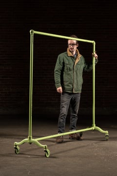 Vintage Industrial Rolling Cast Iron Pipe-Frame Garment Rack in Green