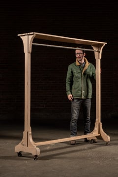 Early Industrial Rolling Wooden Garment Rack in Beige